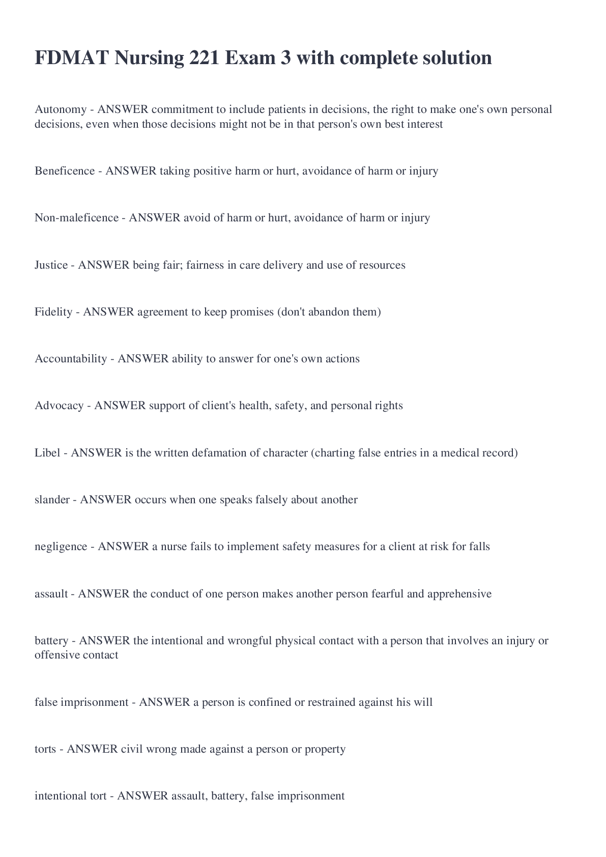 Preview image of FDMAT Nursing 221 Exam 3 with complete solution document